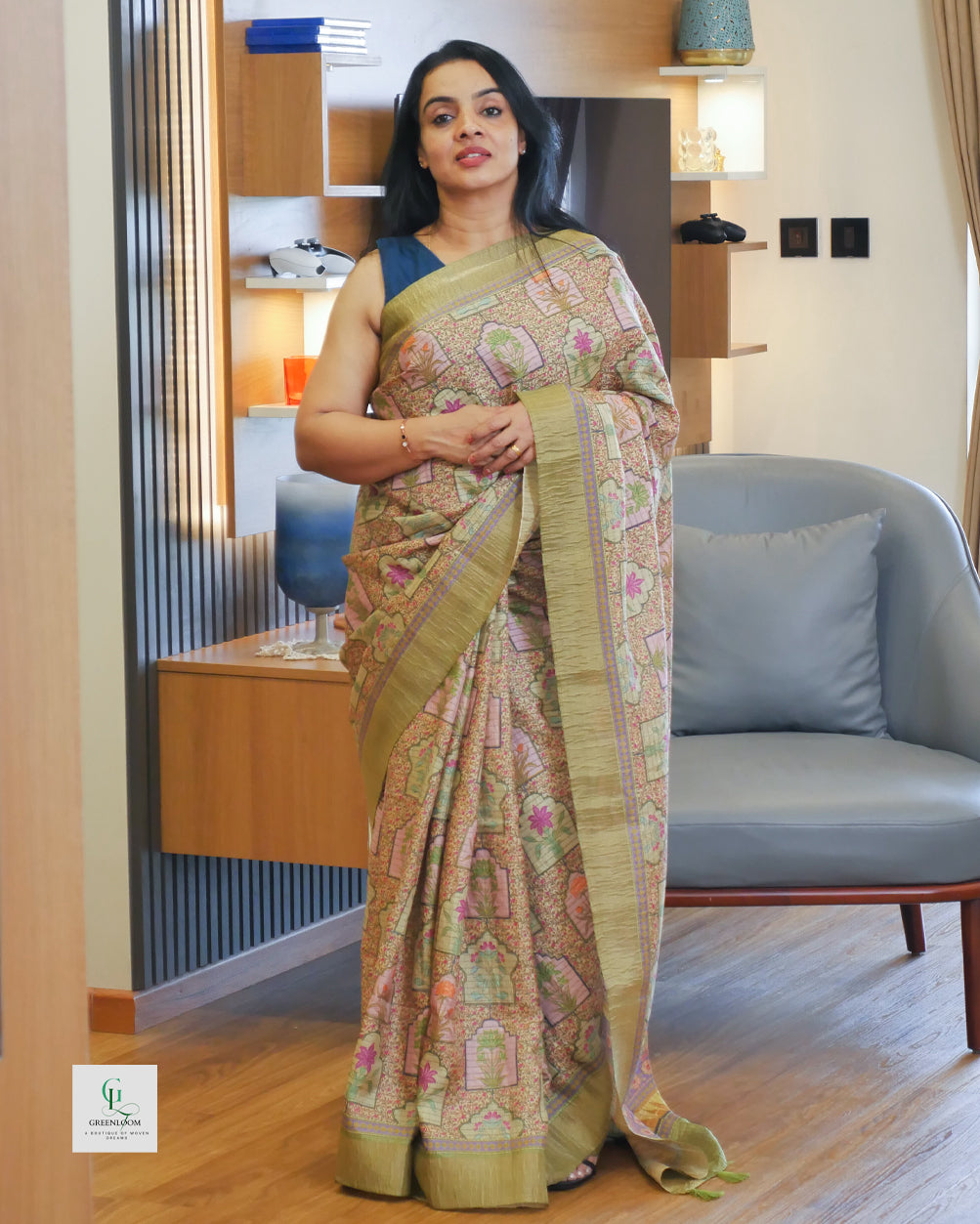 Elegant Crushed Organza Saree with Mughal Prints