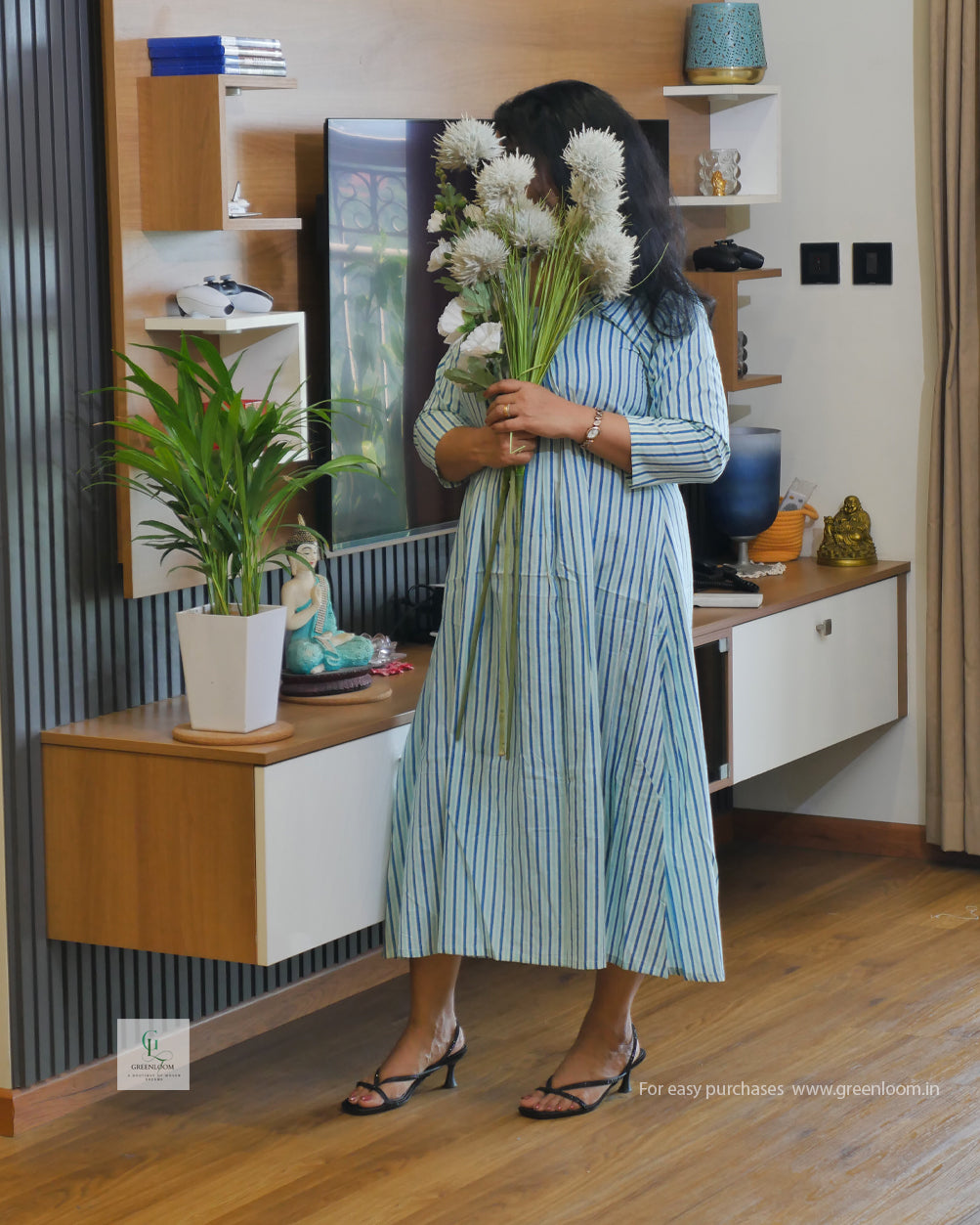 Greenloom Jaipur Cotton Dress | Blue & White Stripes | V-Neck with Pleated Pattern | 46" Length