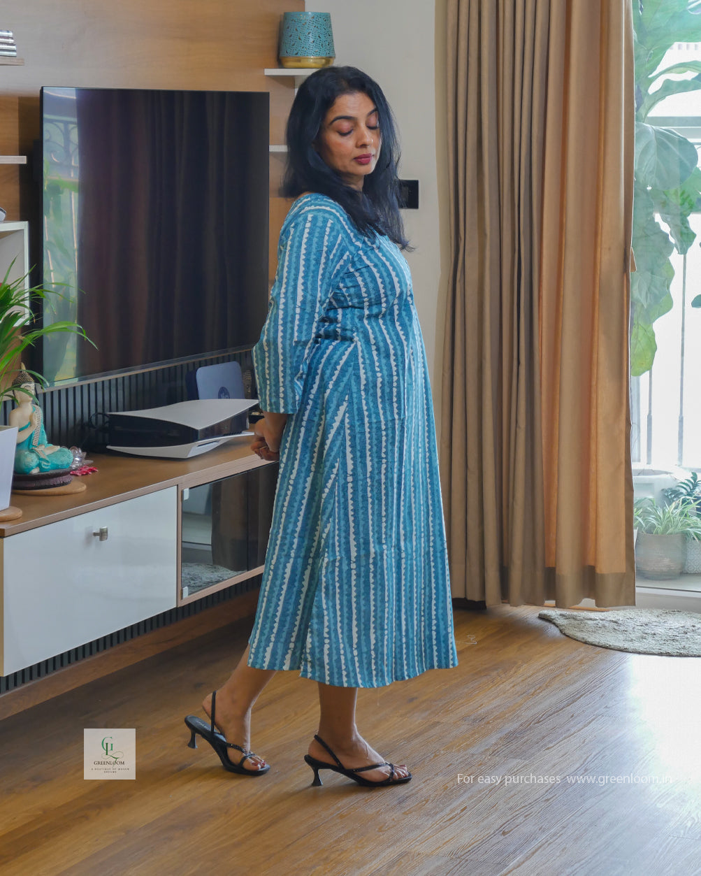 Greenloom Jaipur Cotton Dress | blue
& White Stripes | V-Neck with Pleated Pattern | 46" Length