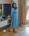 Greenloom Jaipur Cotton Dress | blue
& White Stripes | V-Neck with Pleated Pattern | 46" Length