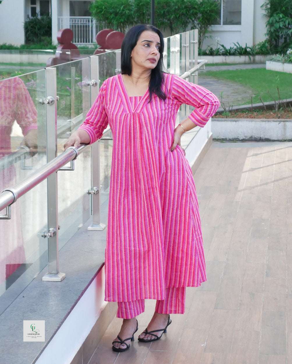 Cotton Stripe Co-Ord Set – V Neck A-Line Top
