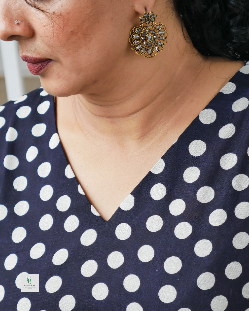 Pure Cotton Navy Blue Polka Dot A-Line Dress with 3/4 Sleeves