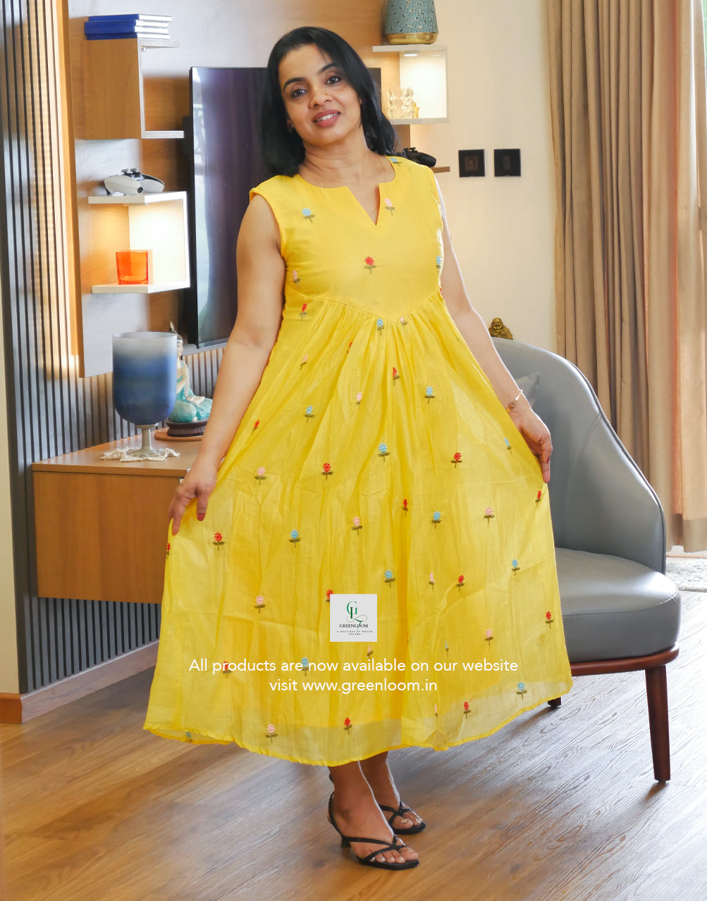 Chanderi Fabric A-Line Frock with Floral Thread Work | Sleeveless V-Neck | 46 Inch Length
