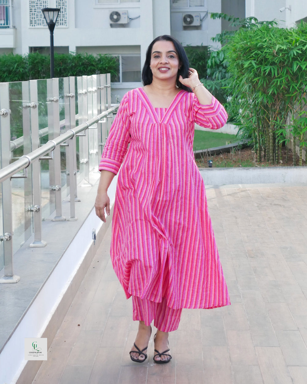 Cotton Stripe Co-Ord Set – V Neck A-Line Top