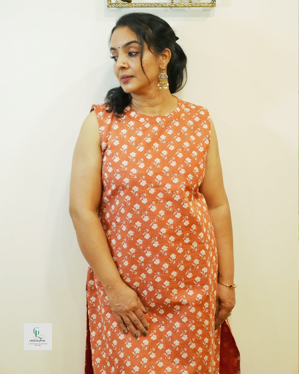 Cotton High-Neck Kurti Set with Slit Detail & Inside Attached Sleeves