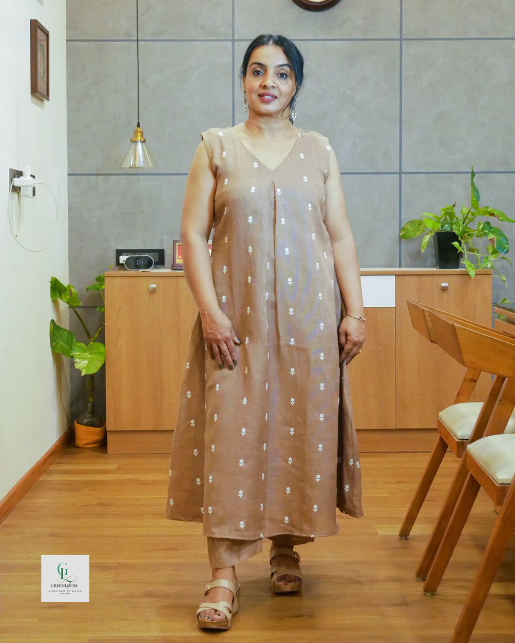 A-Line Semi Linen Printed Co-Ord Set with Box Pleat V-Neck