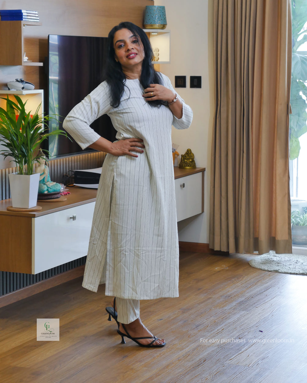 Greenloom Rayon Co-ord Set | Slitted Pattern | Round Neck with Front Slit | Top 46” & Bottom 37”