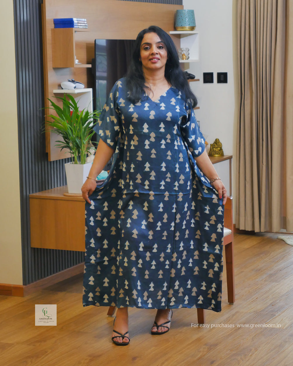 Women’s Blue & White Modal Silk Kaftan Dress – 48” Long