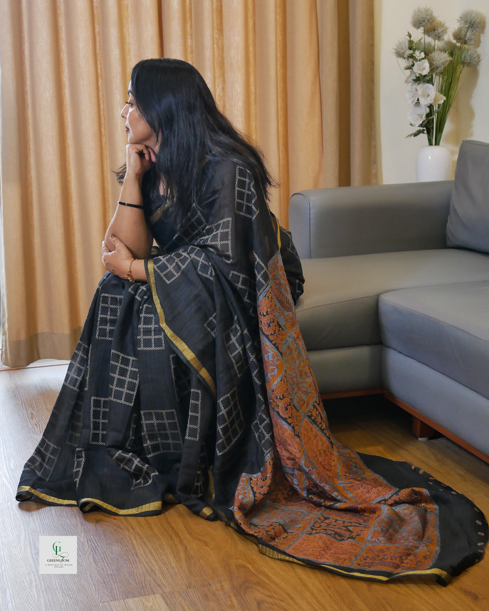 Semi Organza Panel Crush Black Saree with Blouse