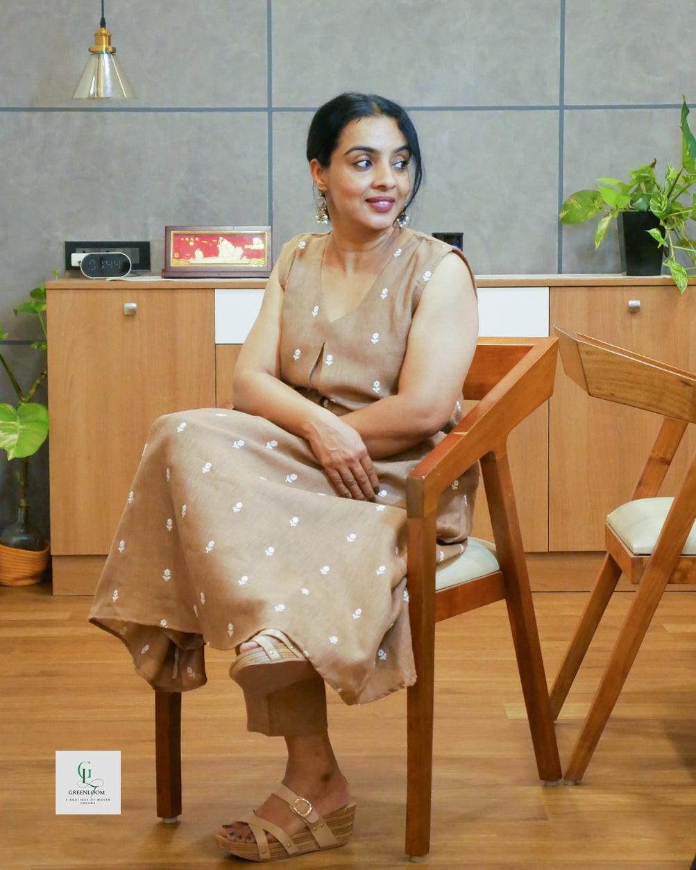 A-Line Semi Linen Printed Co-Ord Set with Box Pleat V-Neck