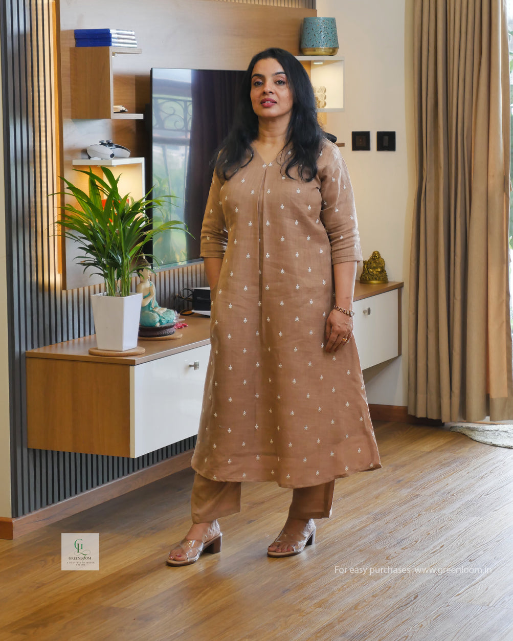 Greenloom Premium Cotton Linen Co-ord Set | A-Line Fit | V-Neck with Box Pleat | Top 46” & Bottom 37”