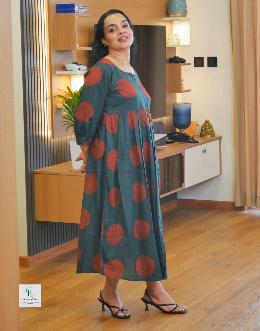 Cotton Summer A-Line Frock Kurti with Round Neck Pattern, Gathered Detailing & Box Pleat Back (49” Length)