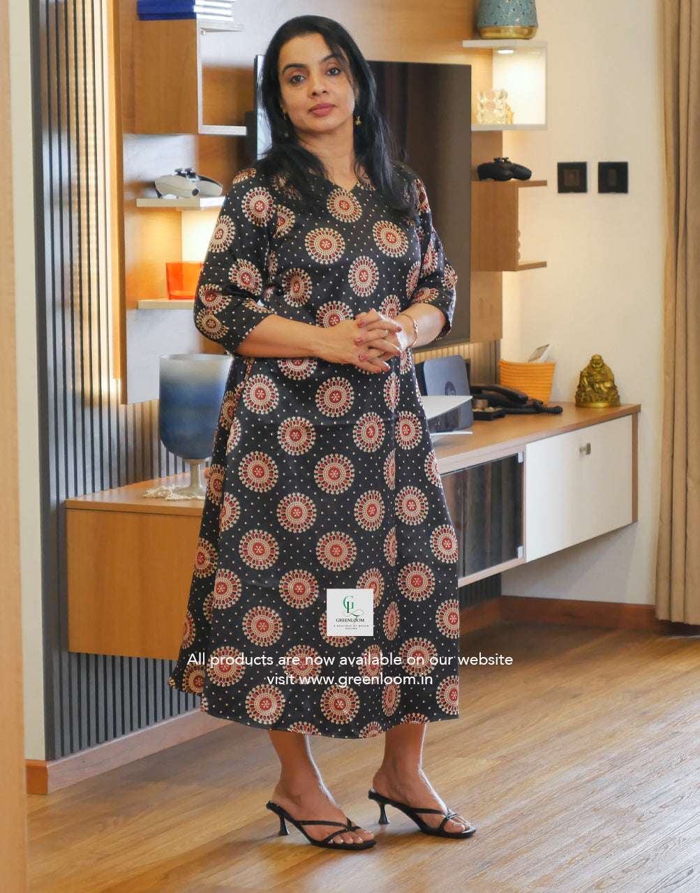 Modal Silk A-Line Frock with V-Neck & Side Pocket