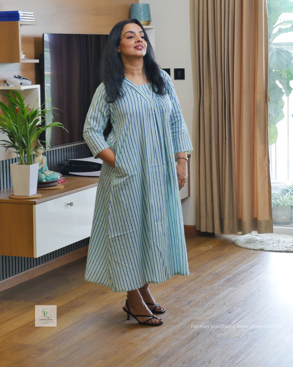 Greenloom Jaipur Cotton Dress | Blue & White Stripes | V-Neck with Pleated Pattern | 46" Length