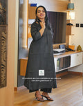 Black Cotton Co-Ord Set with V-Neck & Box Pleat Detail | Semi Palazzo Bottom