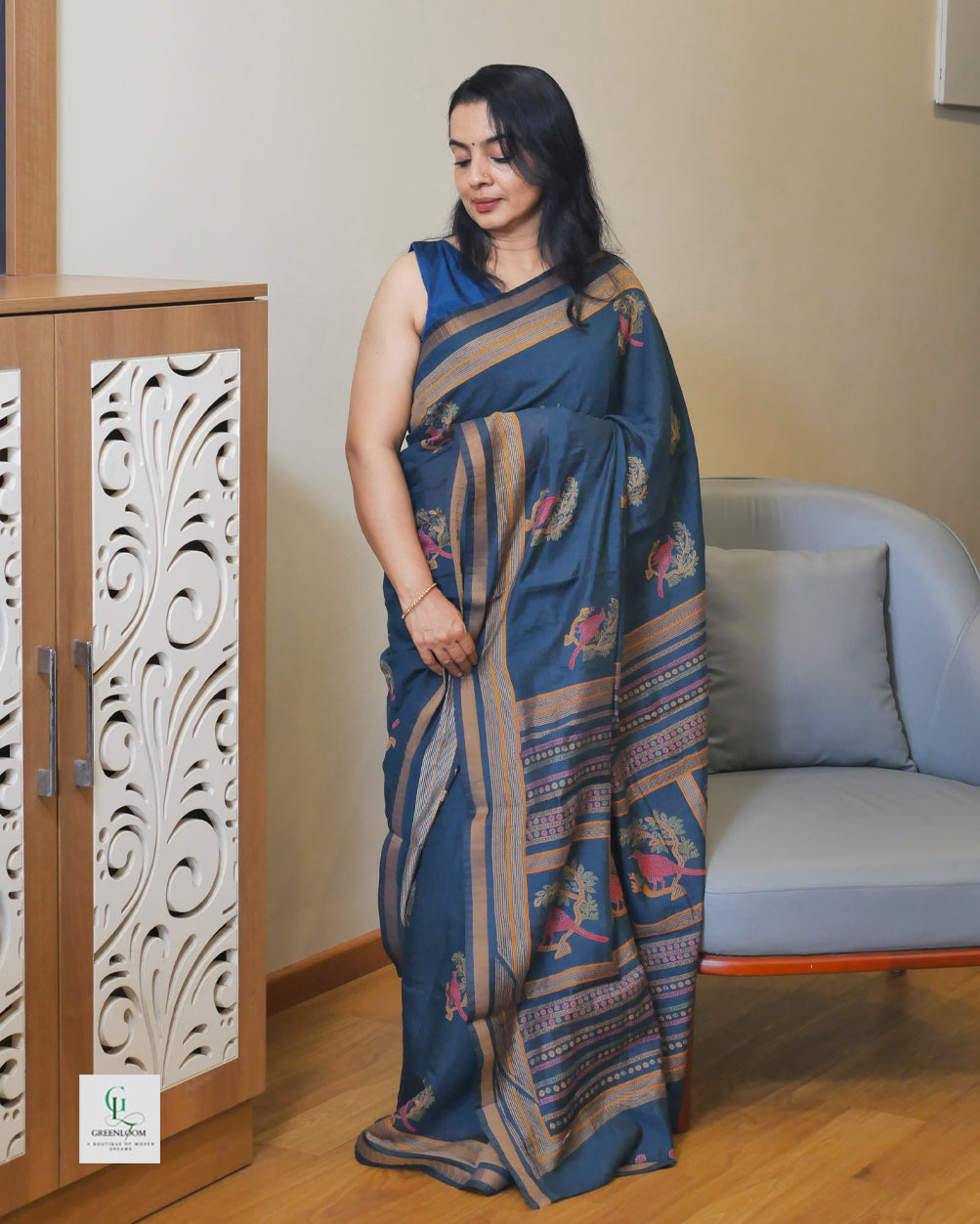Cotton Silk Crush Pattern Saree with Bird & Leaf Print | With Matching Blouse