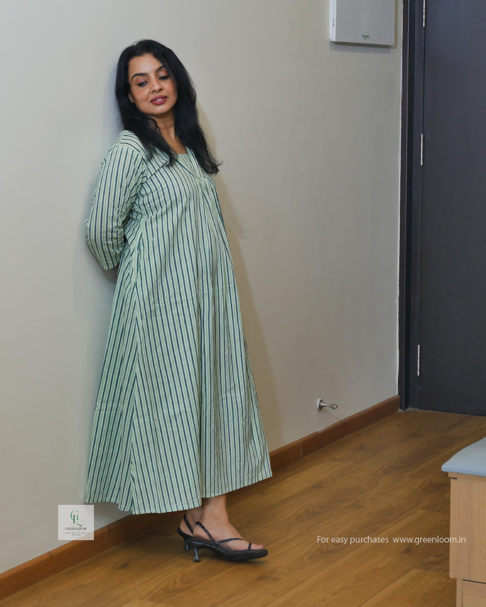 Greenloom Jaipur Cotton Dress | Green & White Stripes | V-Neck with Pleated Pattern | 46" Length