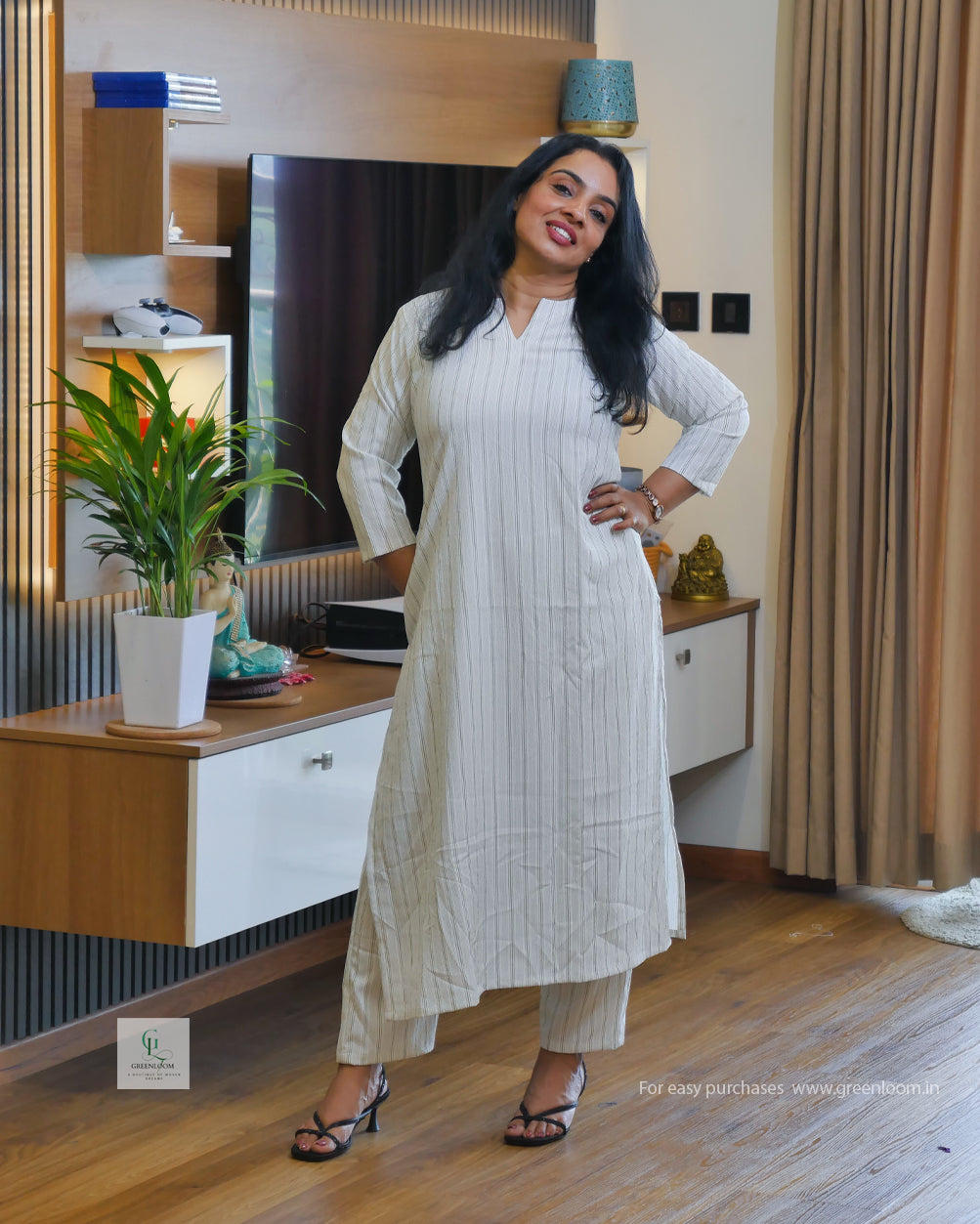 Greenloom Rayon Co-ord Set | Slitted Pattern | Round Neck with Front Slit | Top 46” & Bottom 37”