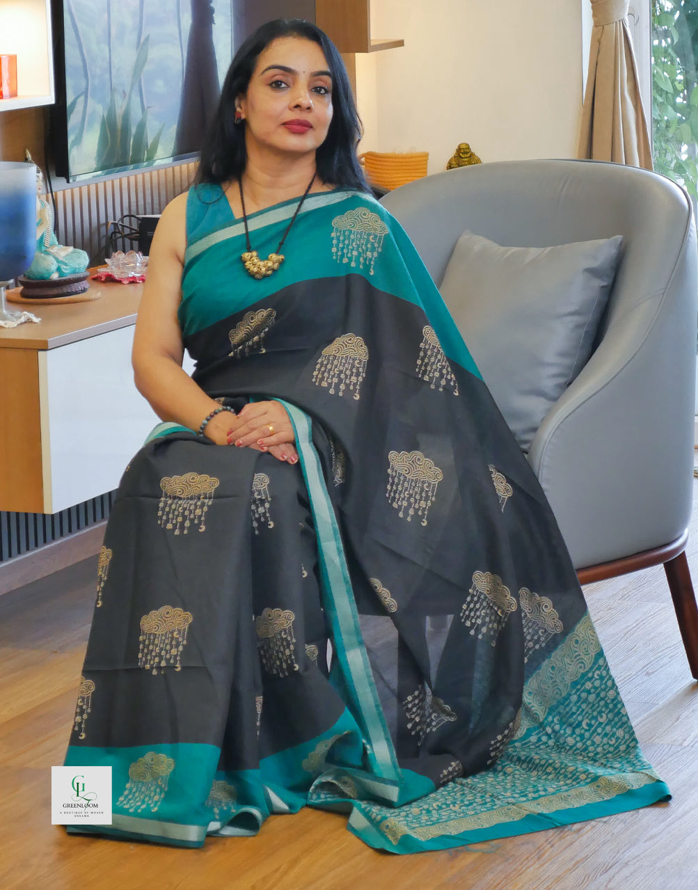 Black & Green Cotton Silk Saree with Blouse Piece | Elegant Festive & Office Wear