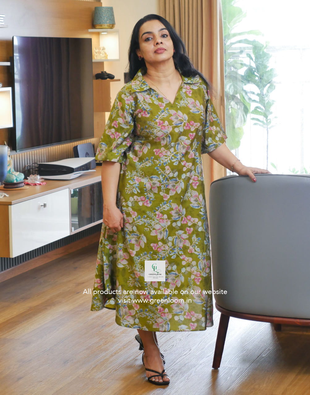 Muslin Silk A-Line Frock | Wide V-Neck Collar Pattern | 48 Inch Length | Two Side Pockets