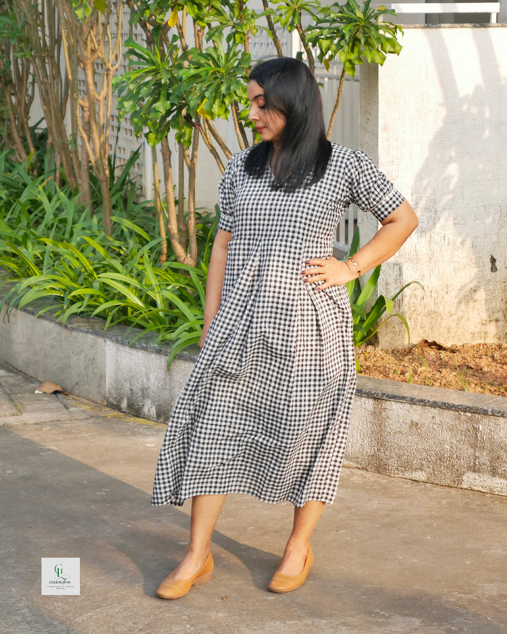 Women’s Cotton Check Pattern Frock with V-Neck Lace Detailing