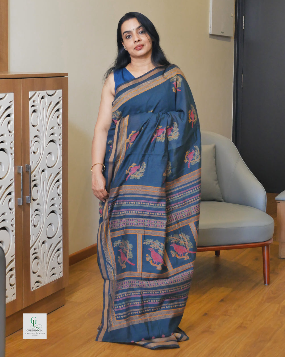 Cotton Silk Crush Pattern Saree with Bird & Leaf Print | With Matching Blouse