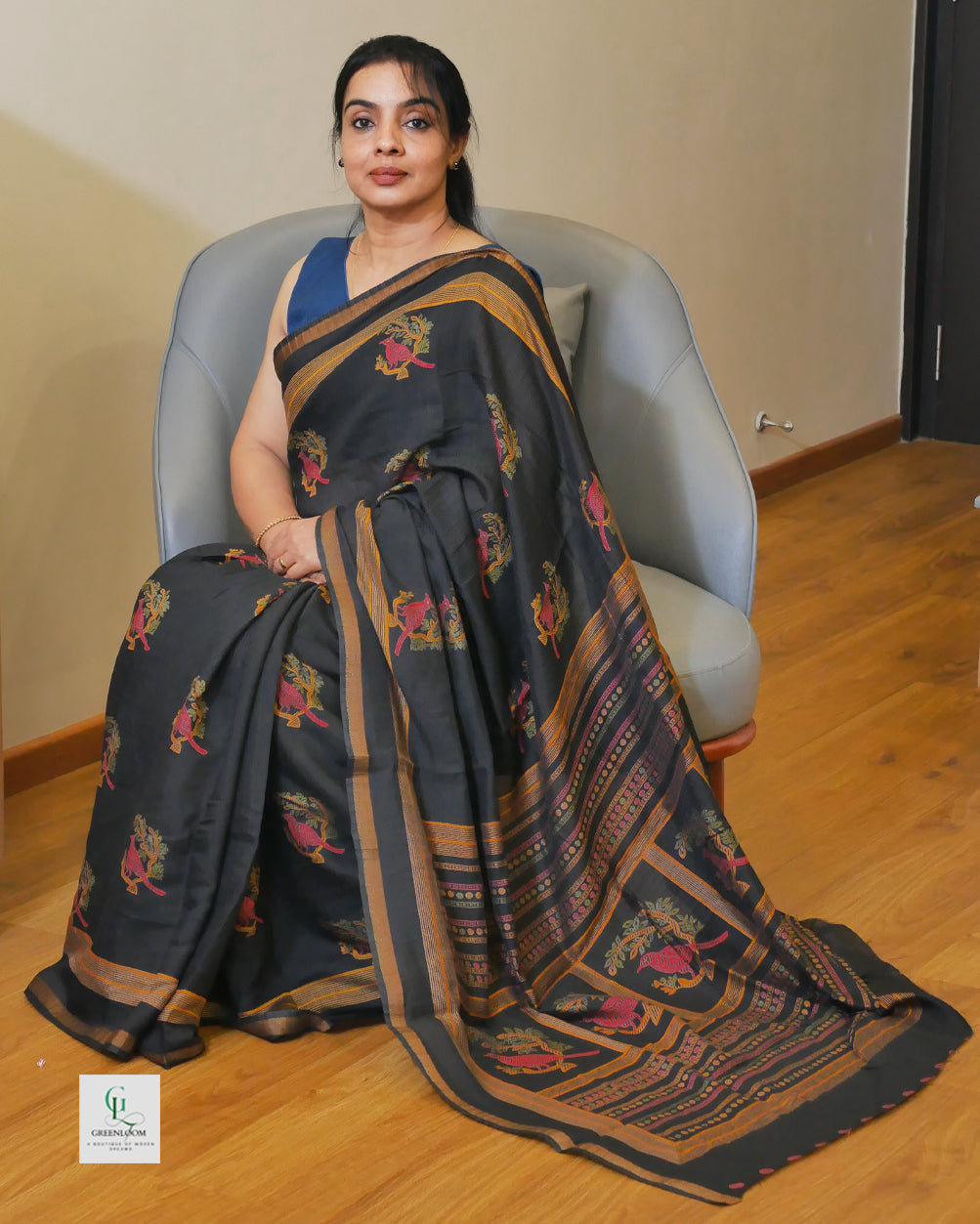 Cotton Silk Crush Pattern Saree with Bird & Leaf Print | With Matching Blouse