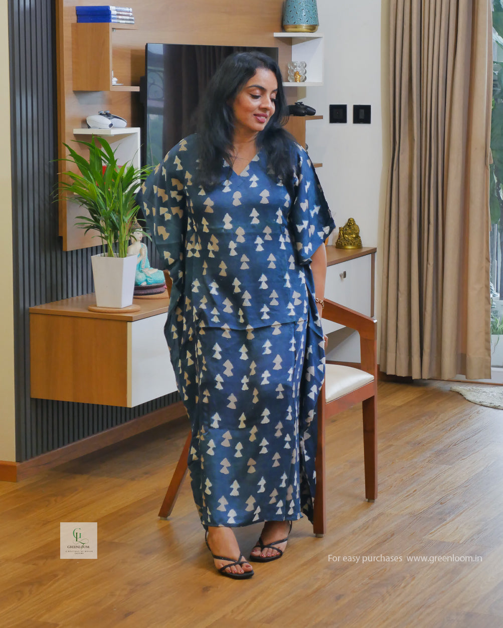 Women’s Blue & White Modal Silk Kaftan Dress – 48” Long
