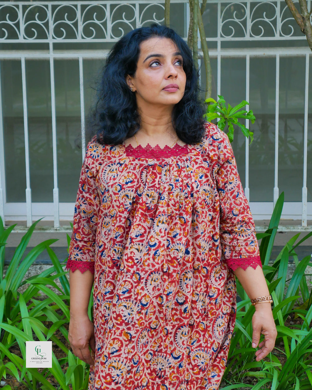 Kalamkari A-Line Frock Kurti with Lace Detailing