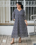 Pure Cotton Navy Blue Polka Dot A-Line Dress with 3/4 Sleeves