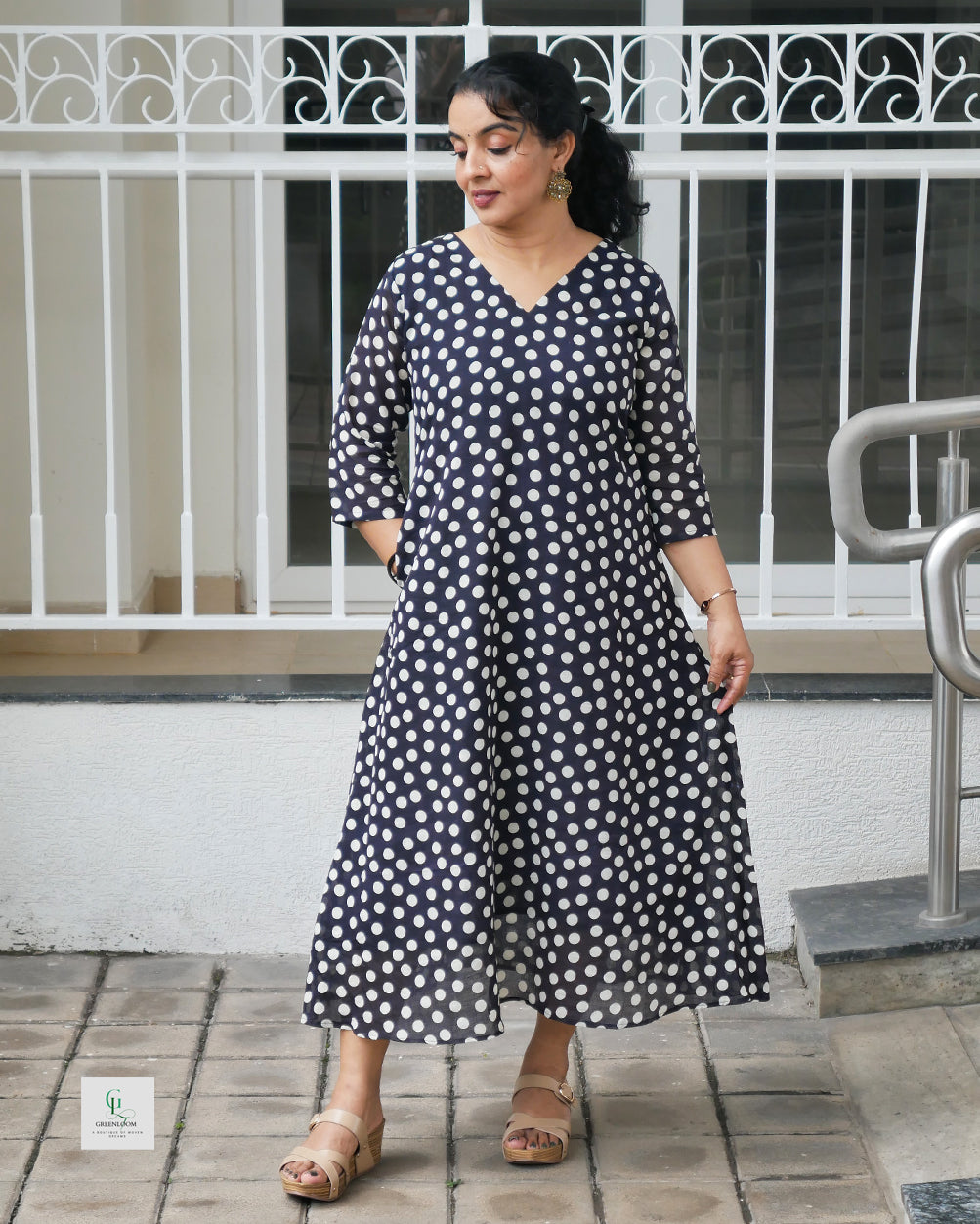 Pure Cotton Navy Blue Polka Dot A-Line Dress with 3/4 Sleeves
