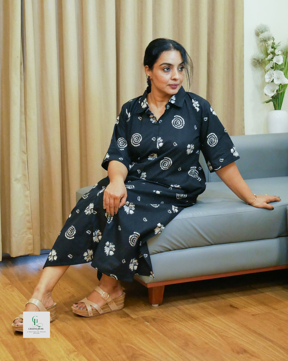 Cotton Long A-Line Collar Pattern Dress with Side Pockets