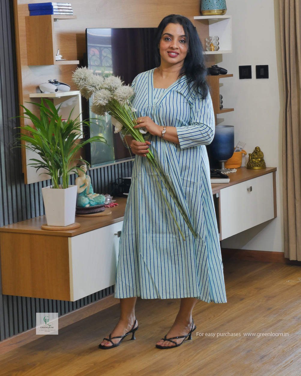 Greenloom Jaipur Cotton Dress | Blue & White Stripes | V-Neck with Pleated Pattern | 46" Length