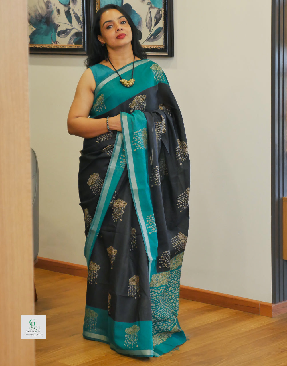 Black & Green Cotton Silk Saree with Blouse Piece | Elegant Festive & Office Wear
